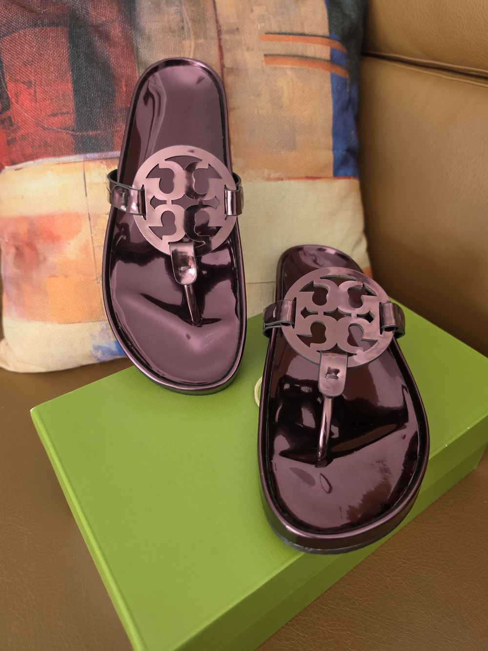 Tory Burch Metallic Plum Logo  Thong Sandals